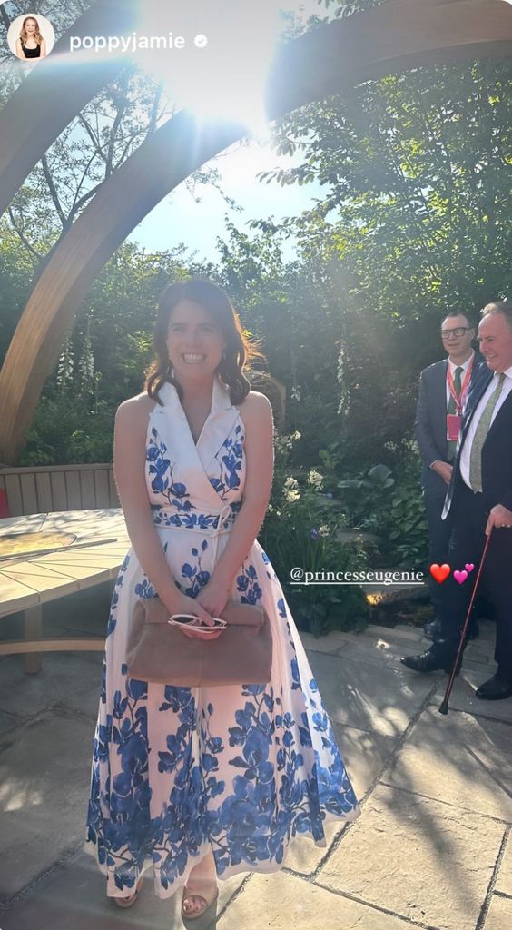 Princess Eugenie in blue and white floral halter neck dress
