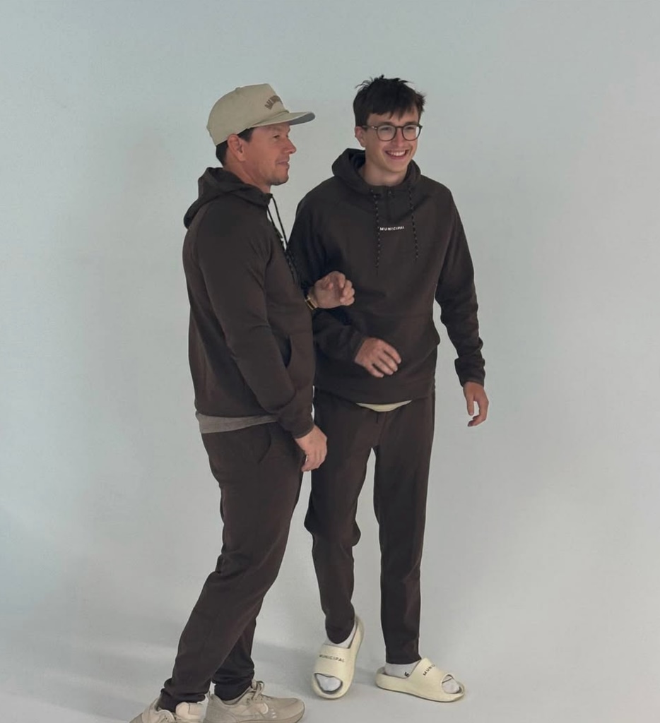 Photo shared by Rhea Durham on Instagram of her husband Mark Wahlberg with their son Michael wearing their brand Municipal