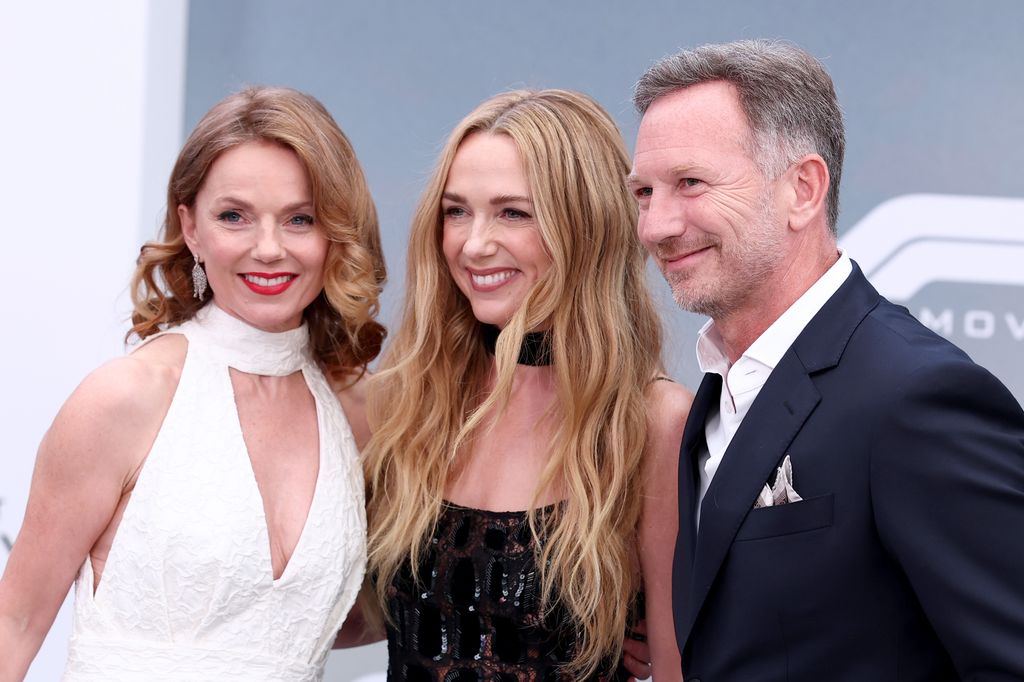 geri horner posing on red carpet with husband christian and actres kerry condon