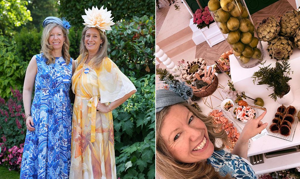 Two women in colourful dresses and fascinators on the left and a smiling woman sitting at a table with lots of food on the right