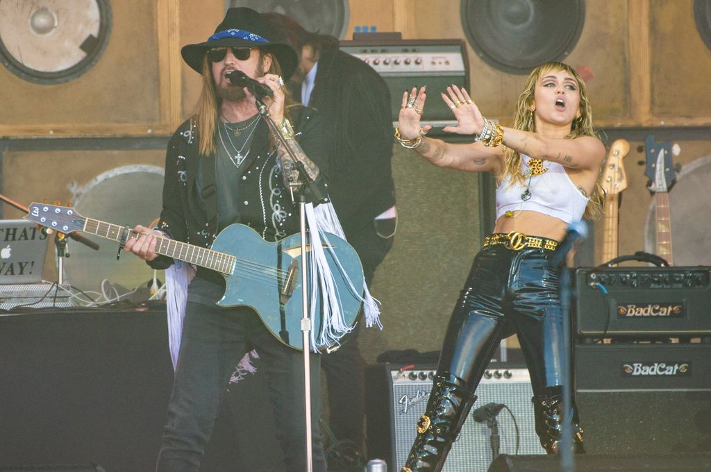 Billy Ray Cyrus and Miley Cyrus perform at the Pyramid Stage during day five of Glastonbury Festival at Worthy Farm, Pilton on June 30, 2019