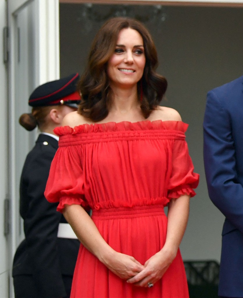 princess kate wearing red off the shoulder dress
