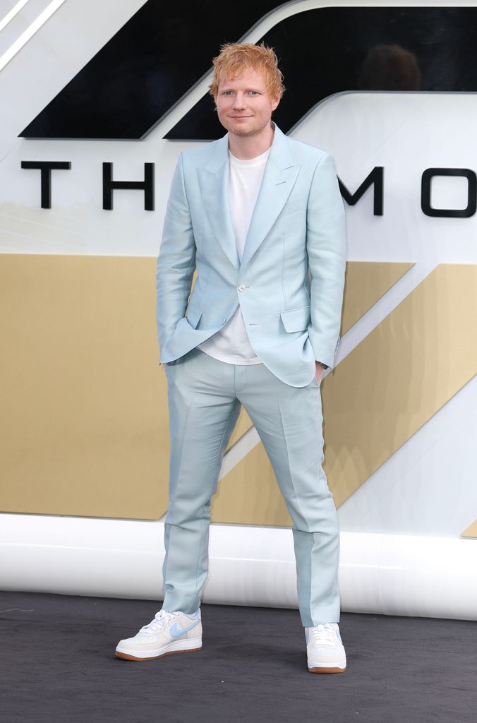 ed sheeran in blue suit at f1 the movie premiere