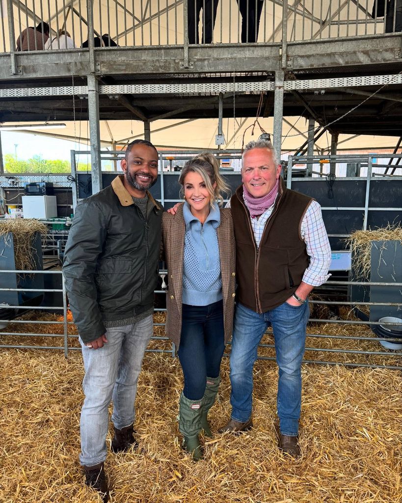 Helen in farm sty with JB Gill and dave nicholson