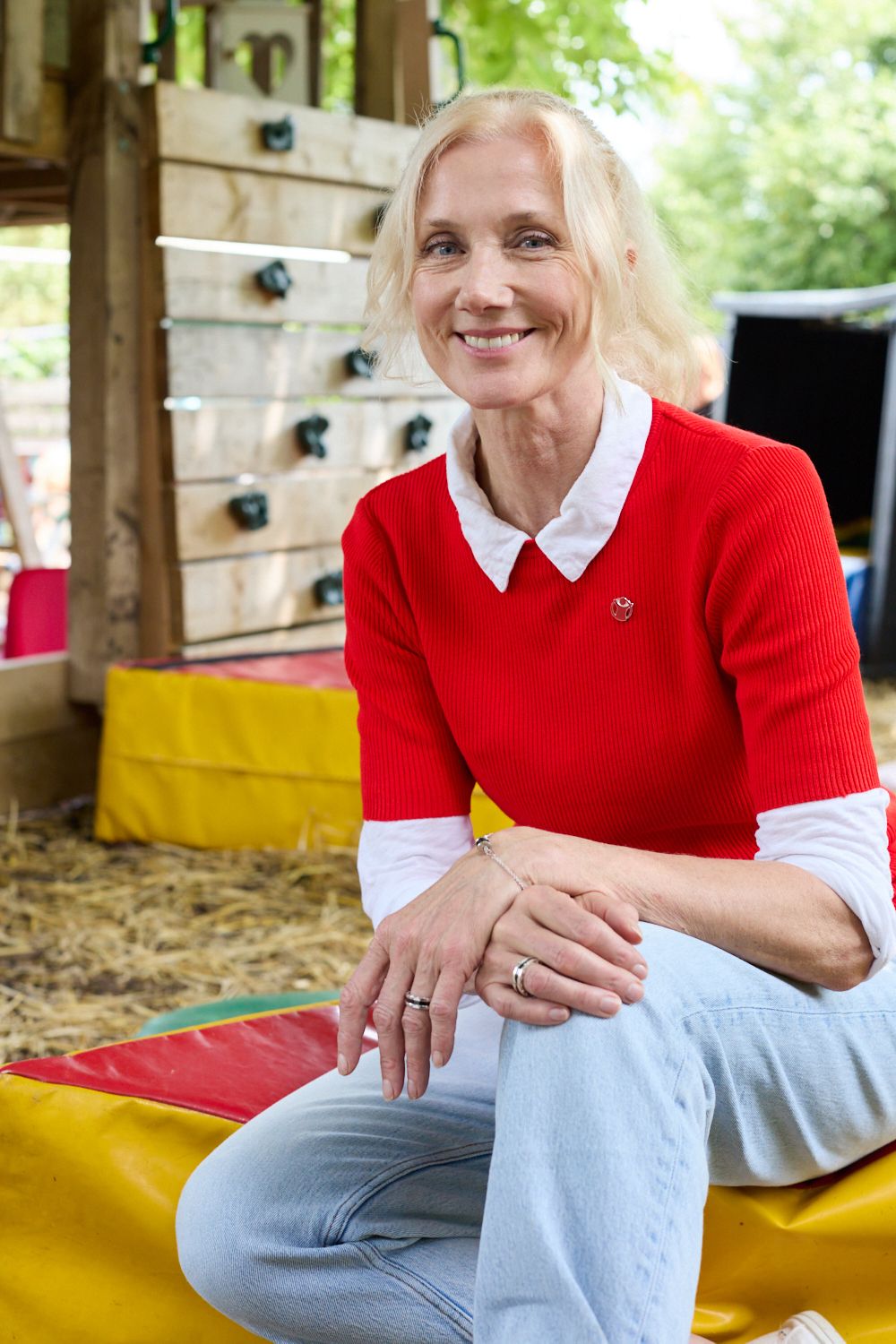 joely richardson in red jumper and white shirt at community allotment project