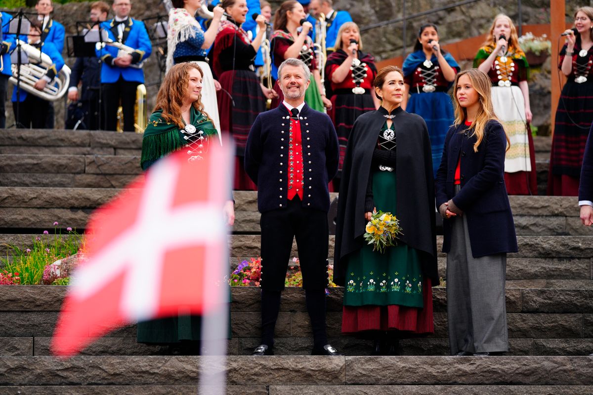 (R-L) Denmark's Princess Josephine, Queen Mary, King Frederik X, and mayor Elsa Berg pose for a photo on the city's steps in Vagsbot in Torshavn on the Faroe Islands on June 11, 2025. 