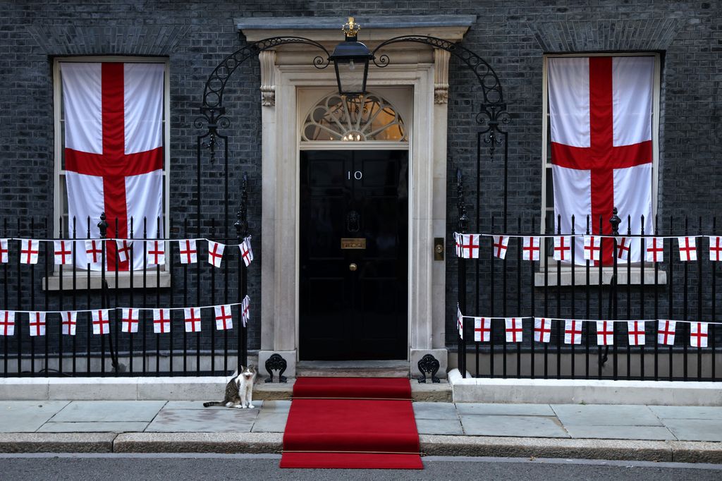 Larry the cat waiting on Downing Street's steps for the Lionesses