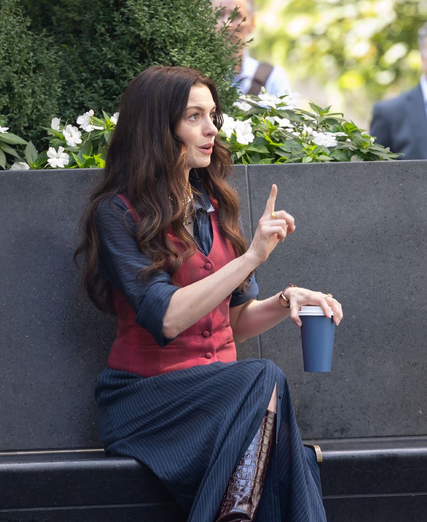 Anne Hathaway is seen filming the Devil Wears Prada 2  on July 28, 2025 in New York, New York. (Photo by MEGA/GC Images)