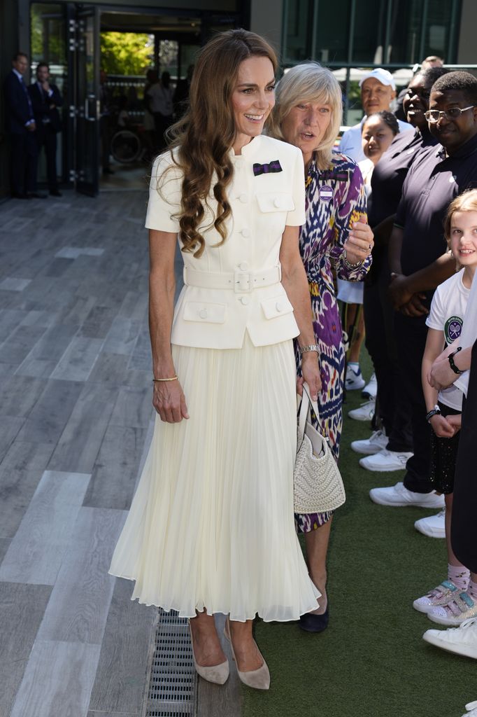 Catherine, Princess of Wales with AELTC chair Debbie Jevans as she arrives to attend the Ladies' Singles Final during day thirteen of The Championships Wimbledon 2025 at All England Lawn Tennis and Croquet Club on July 12, 2025 in London, England. 