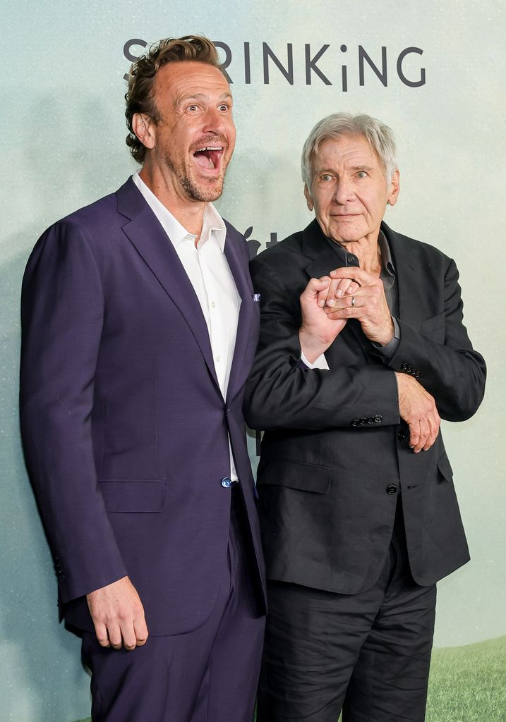 Jason Segel and Harrison Ford attend the season 2 world premiere of Apple TV+'s "Shrinking" at Pacific Design Center on October 08, 2024 in West Hollywood, California.