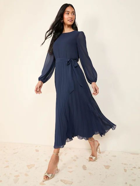 Friends Like These Navy Pleated Chiffon Flutter Sleeve Midi Dress