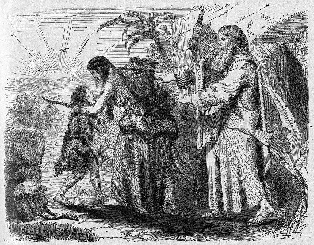 Illustration of Abraham casting out Hagar and Ishmael at Sarah's bidding