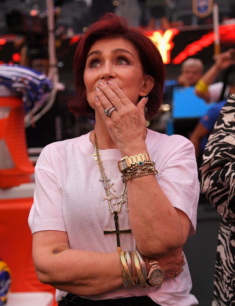 Sharon Osbourne reacts as husband Ozzy performs during half-time of the NFL game between the Los Angeles Rams and the Buffalo Bills at SoFi Stadium on September 08, 2022 in Inglewood, California