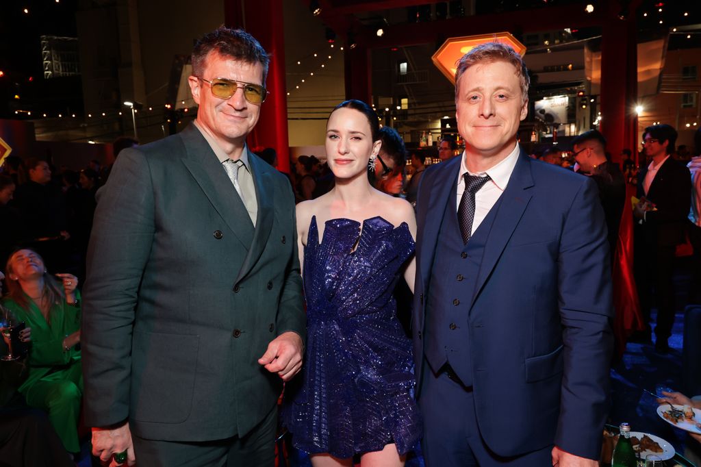 Nathan Fillion, Rachel Brosnahan and Alan Tudyk seen at the Los Angeles Premiere of Warner Bros. "Superman" after party at CLUB METROPOLIS on July 07, 2025 in Hollywood, California