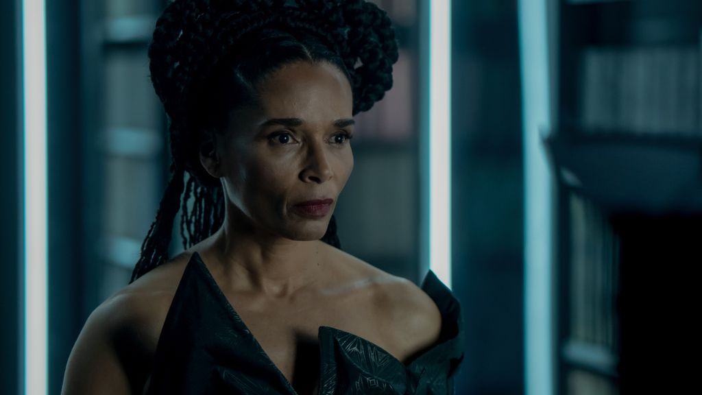 close-up of woman in black dress