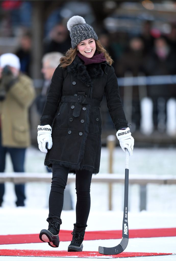 Kate Middleton attends a Bandy hockey match where they will learn more about the popularity of the sport during day one of their Royal visit to Sweden and Norway on January 30, 2018 in Stockholm, Sweden. 