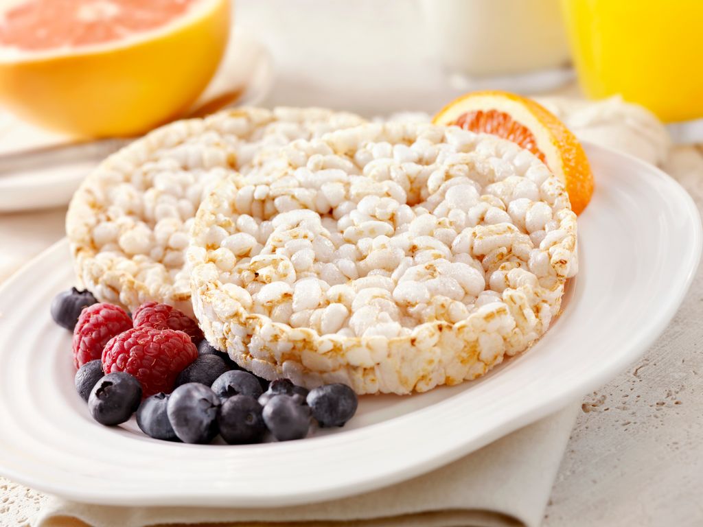"Rice Cakes with Blueberries, Raspberries, Grapefruit, Milk and Orange Juice- Photographed on Hasselblad H3D2-39mb Camera"