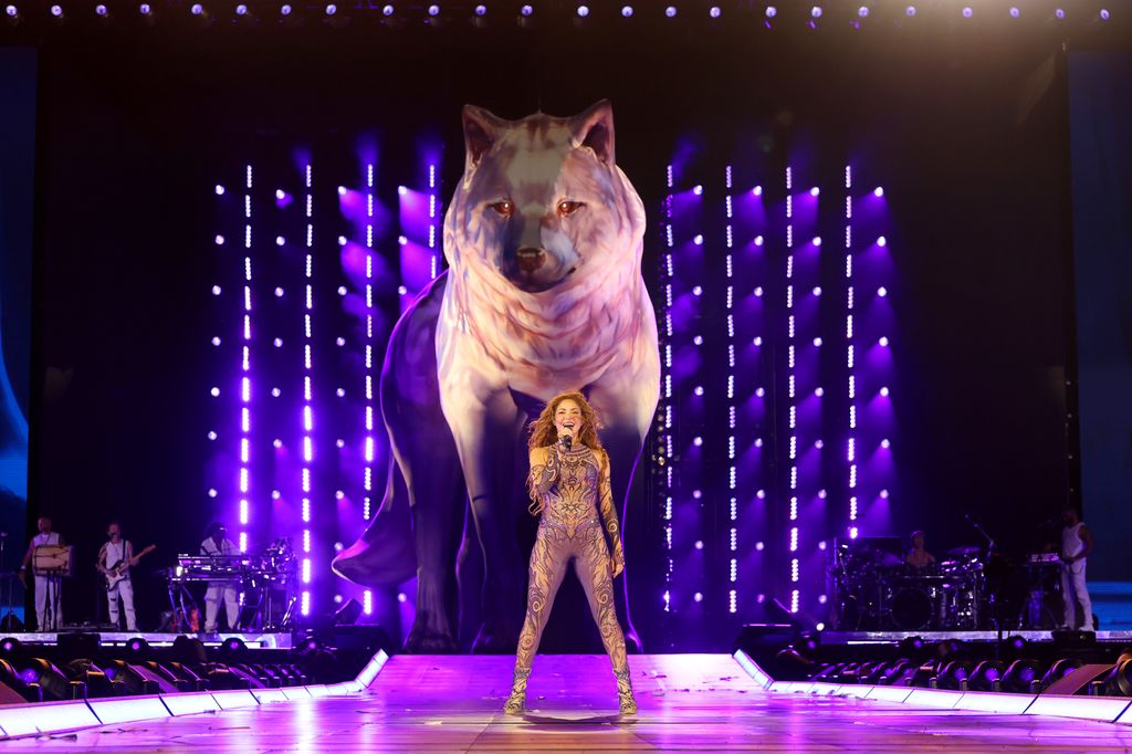 Shakira performs onstage during Shakira: Las Mujeres Ya No Lloran World Tour - Miami at Hard Rock Stadium on June 06, 2025 in Miami Gardens, Florida.