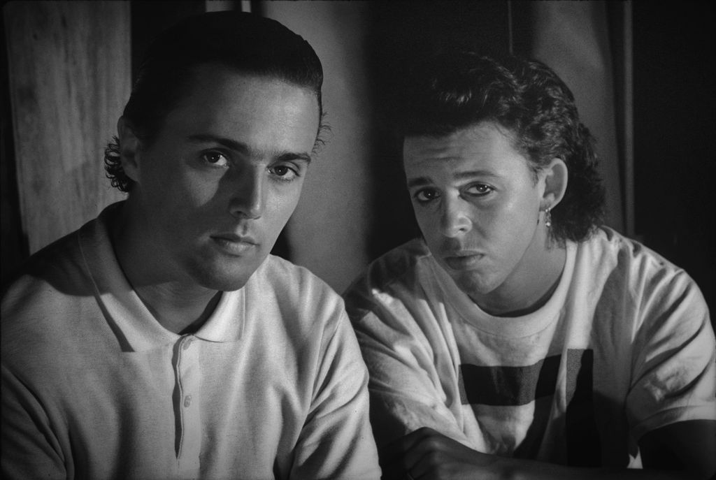 portrait of English Pop musicians Curt Smith (left) and Roland Orzabal, of the group Tears For Fears, Los Angeles, California, 1985. (Photo by John Kisch Archive/Getty Images)