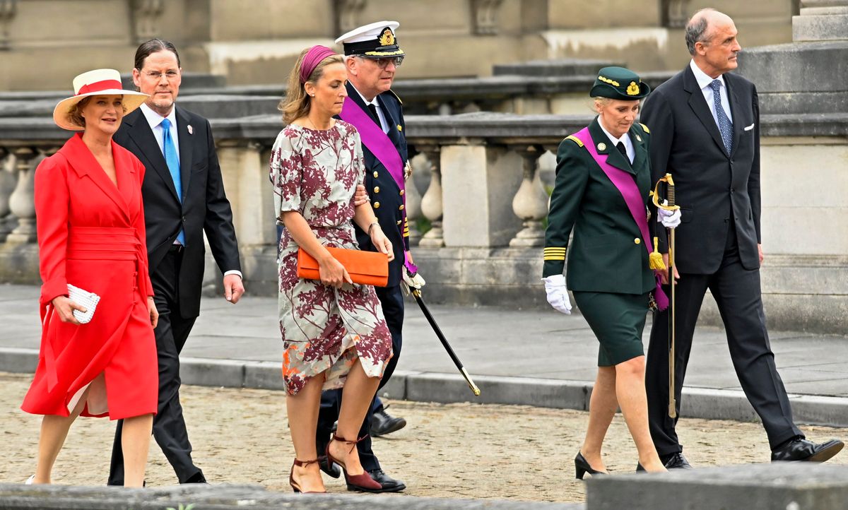 BRUSSELS, BELGIUM - JULY 21 : FLTR : Princess Delphine BoÃ«l of Belgium, M. James O'Hare, Princess Claire of Belgium, Prince Laurent of Belgium, Princess Astrid of Belgium and Prince Lorenz of Belgium pictured during the military parade for the Belgian National Day on July 21, 2022 in Brussels, Belgium, 21/07/2022 ( Photo by Didier Lebrun / Photonews via Getty Images)