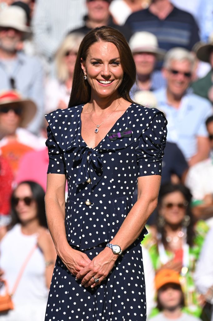 LONDON, ENGLAND - JULY 10: Catherine, Duchess of Cambridge attends The Wimbledon Men's Singles Final at the All England Lawn Tennis and Croquet Club on July 10, 2022 in London, England. (Photo by Karwai Tang/WireImage)