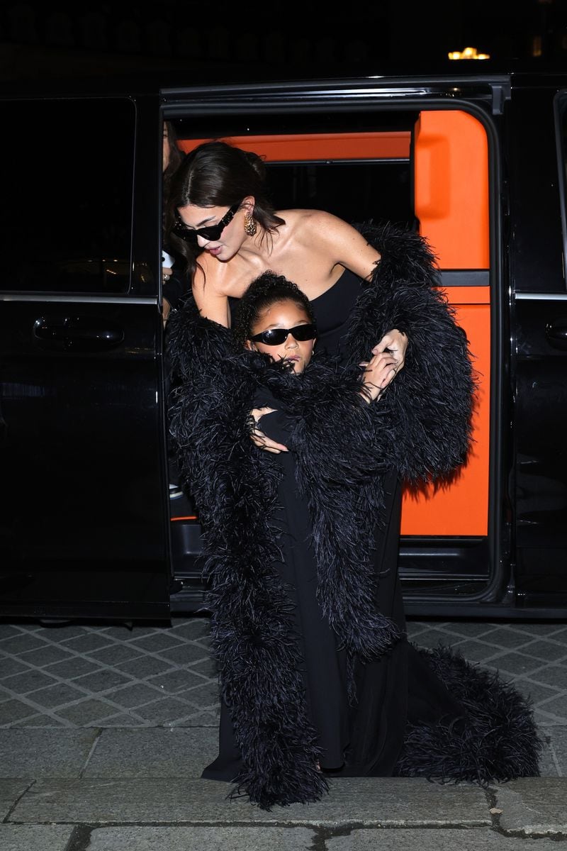 Kylie Jenner and Stormi Webster attend the Valentino Haute Couture Spring/Summer 2024 show as part of Paris Fashion Week on January 24, 2024 in Paris, France. (Photo by Jacopo Raule/Getty Images)