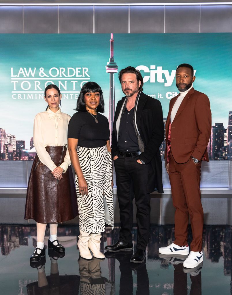 Kathleen Munroe, Karen Robinson, Aden Young, and K.C. Collins attend theÂ promotional tourÂ of "Law & Order Toronto: Criminal Intent" at Rogers Headquarters on February 20, 2024 in Toronto, Ontario.