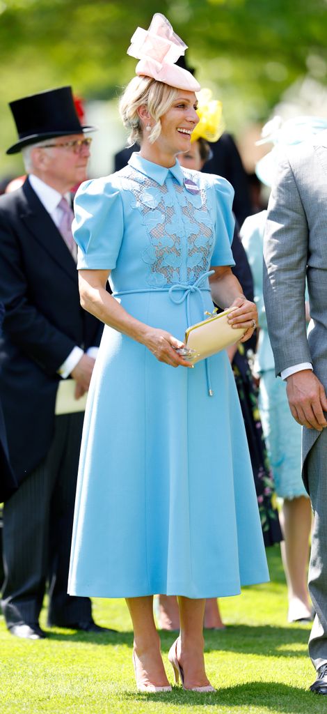 Zara Tindall in blue lace midi dress