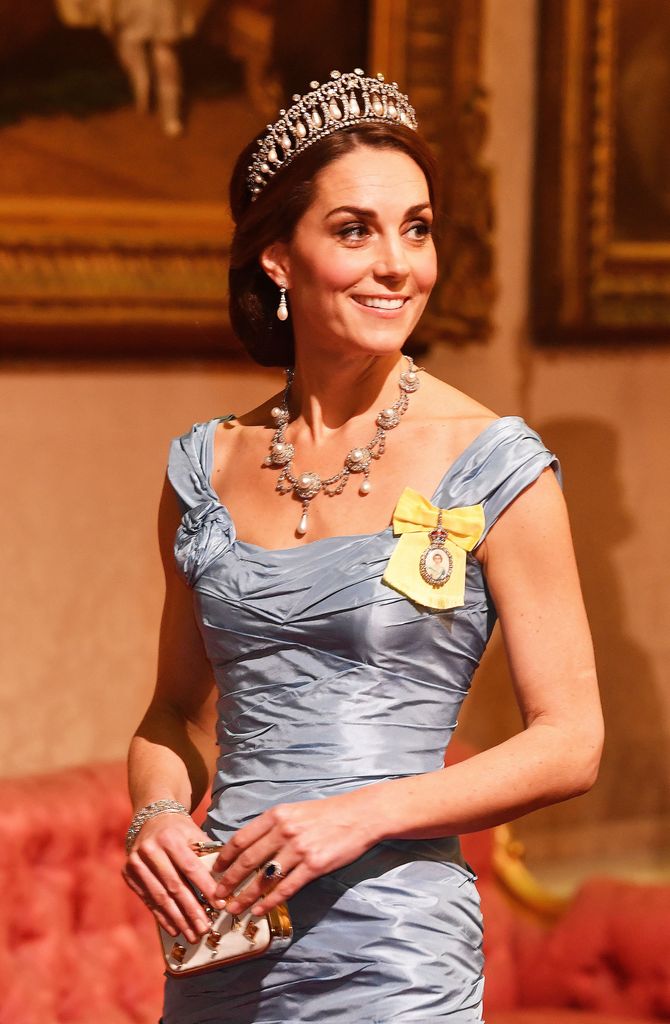 Kate Middleton wearing blue satin dress at Netherlands state banquet