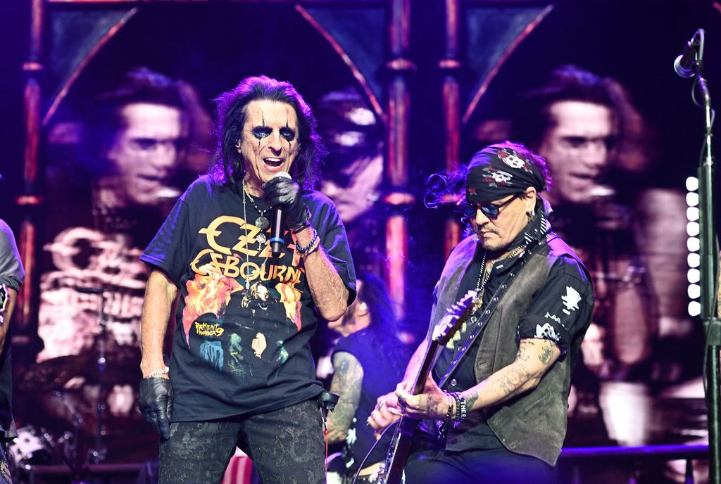 Johnny Depp joins Alice Cooper onstage during a concert at The O2 Arena on July 25, 2025 in London, England