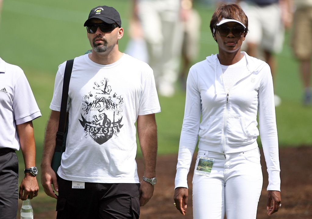 Hank Kuehne and Venus Williams walk together during the first round of the 2008 Masters Tournament at Augusta National Golf Club on April 10, 2008 in Augusta, Georgia
