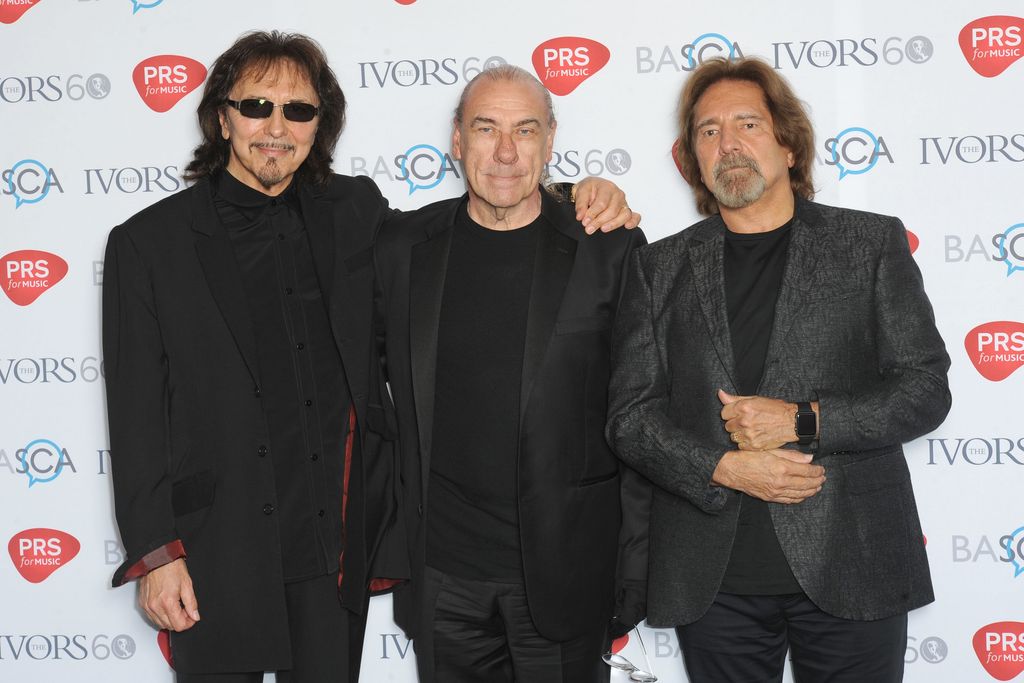 Black Sabbath: L-R- Tony Iommi, Bill Ward and  Geezer Butler attends the Ivor Novello Awards at The Grosvenor House Hotel on May 21, 2015 in London, England.