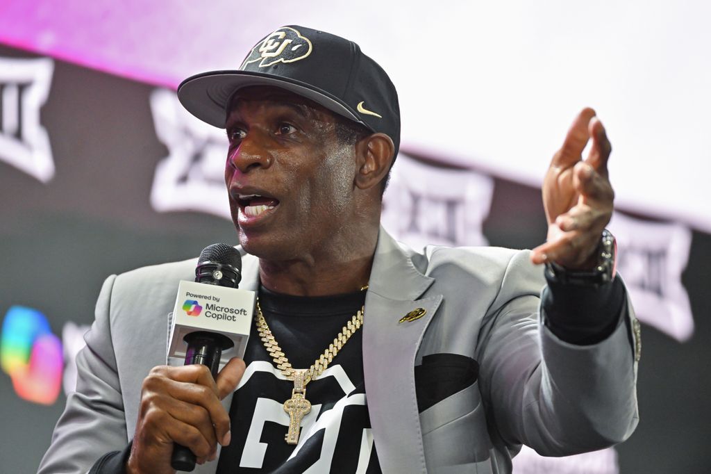 Colorado Buffaloes coach Deion Sanders talks during a coaches roundtable during day two of Big 12 Media Days on Wednesday, July 09, 2025 at the Ford Center at The Star in Frisco, TX. 