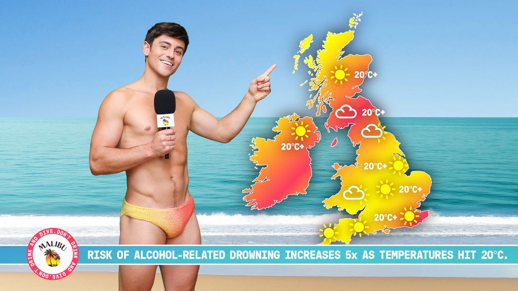 Tom Daley in a pair of yellow and coral Speedos pointing at a weather map