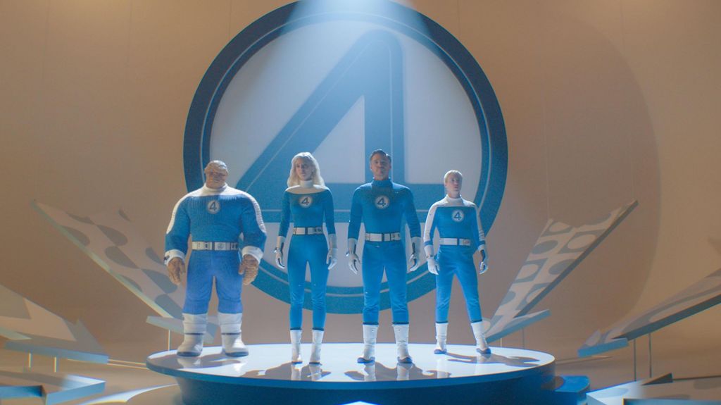 Ebon Moss-Bacharach, Vanessa Kirby, Pedro Pascal, and Joseph Quinn in a still from Fantastic Four 