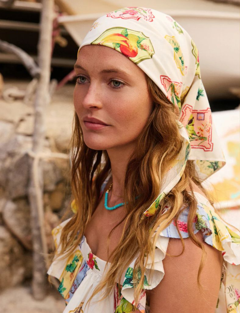 Cream Printed Scarf worn by model