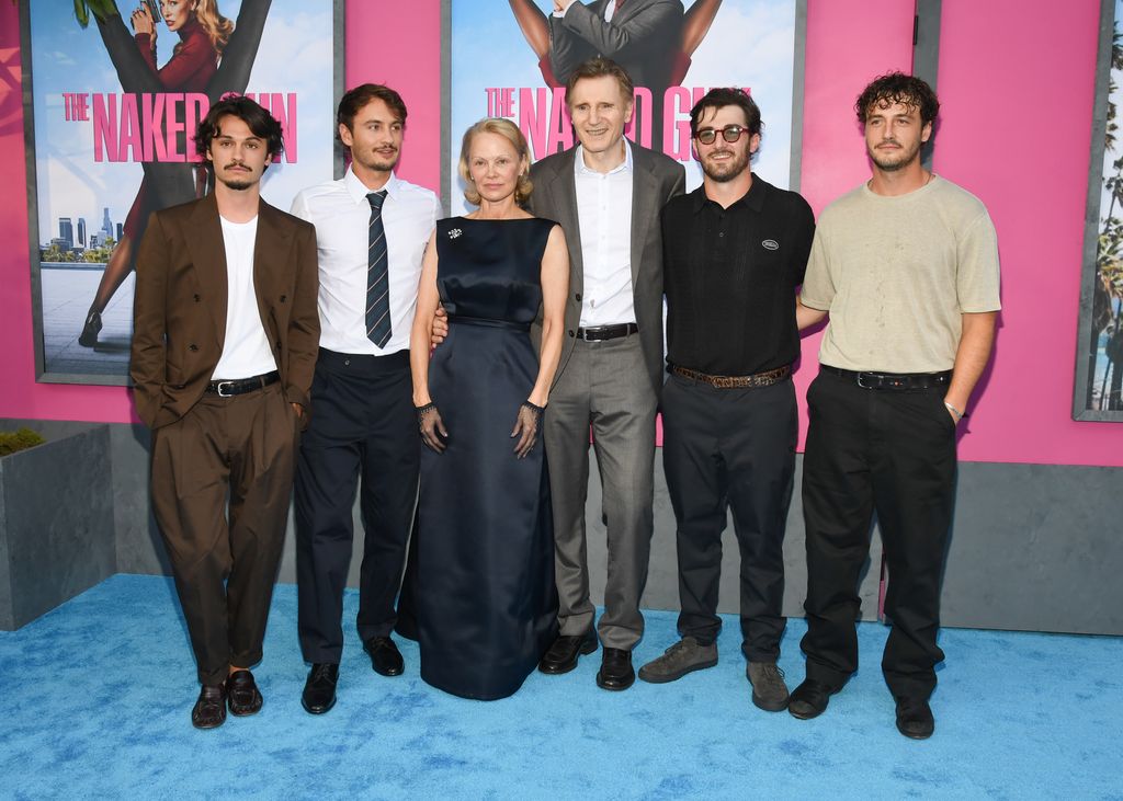 Dylan Jagger Lee, Brandon Thomas Lee, Pamela Anderson, Liam Neeson, Daniel Neeson, Micheál Neeson at The Naked Gun New York premiere 