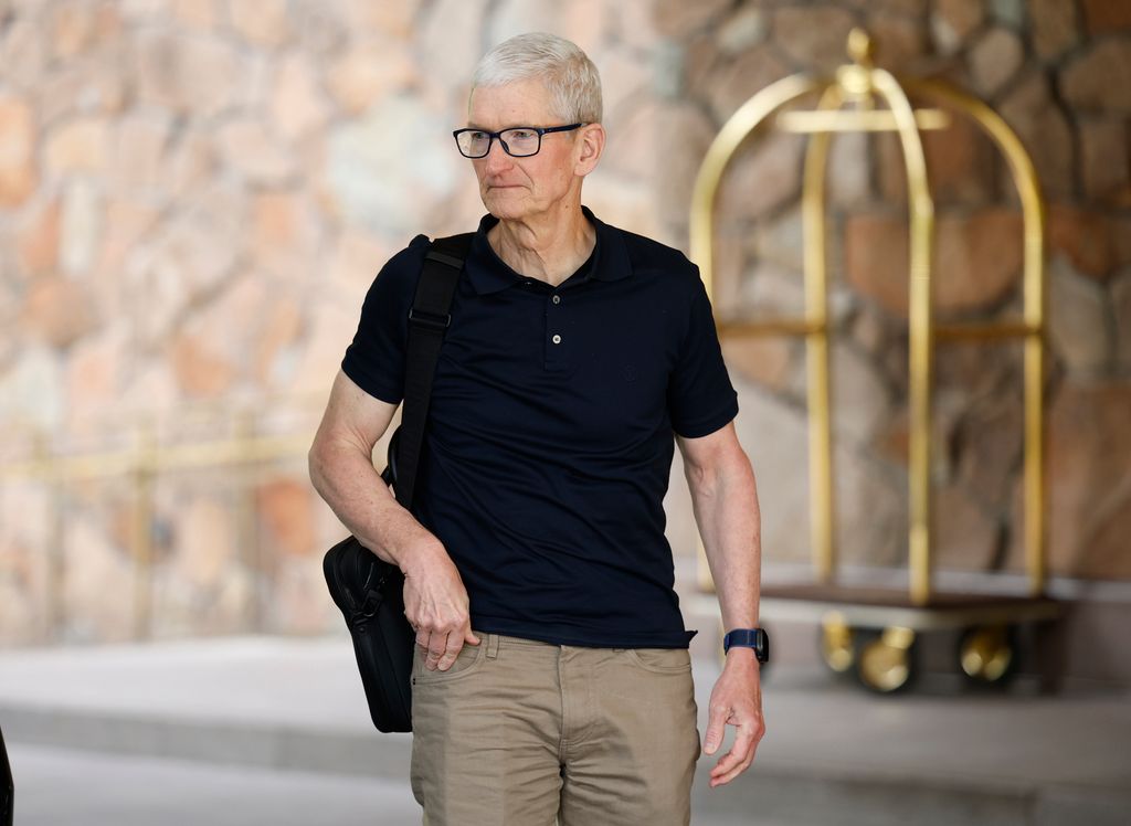 Apple CEO Tim Cook arrives at the Sun Valley lodge for the Allen & Company Sun Valley Conference on July 8, 2025