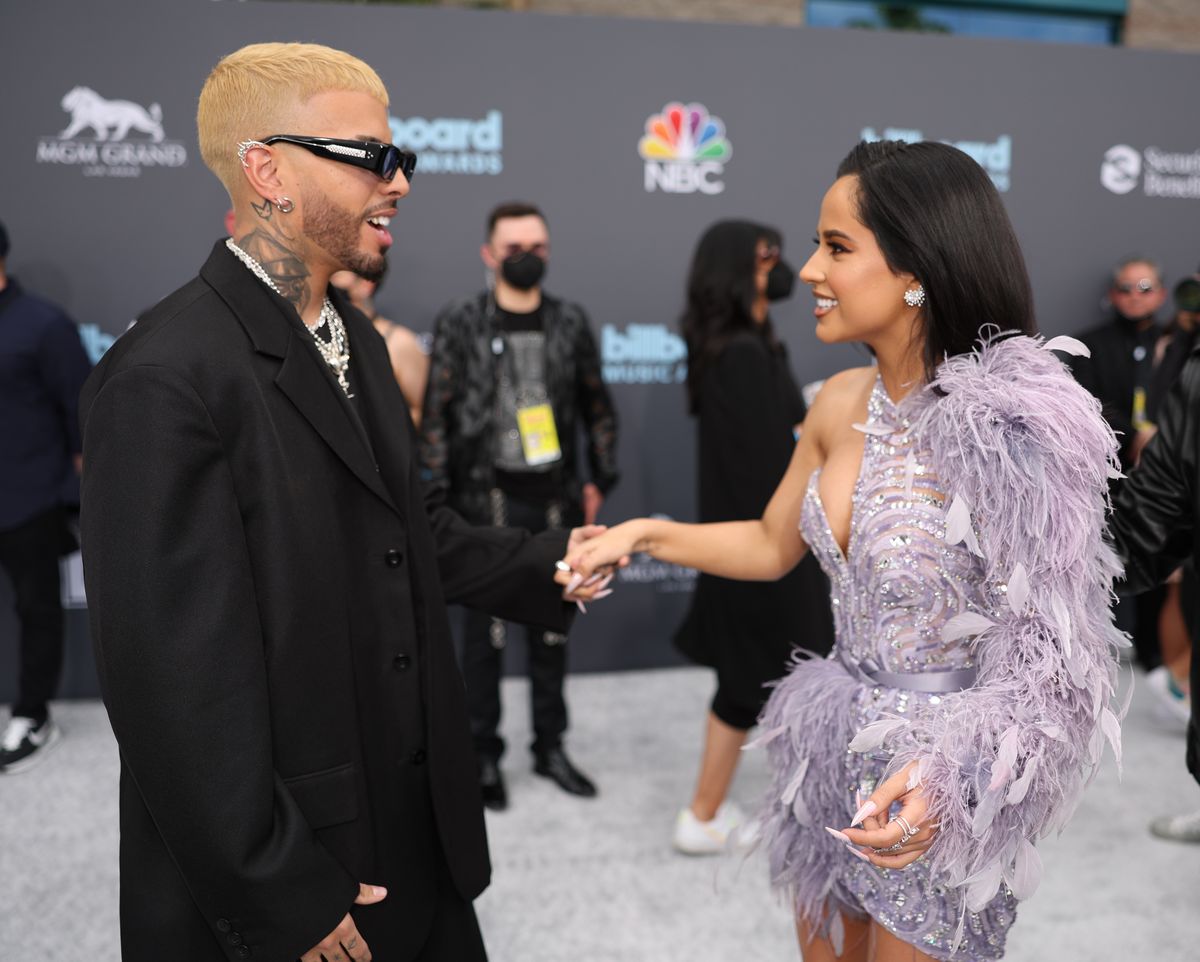 Rauw Alejandro and Becky G arrive to the 2022 Billboard Music Awards held at the MGM Grand Garden Arena on May 15, 2022. -- (Photo by Christopher Polk/NBC/NBCU Photo Bank via Getty Images)
