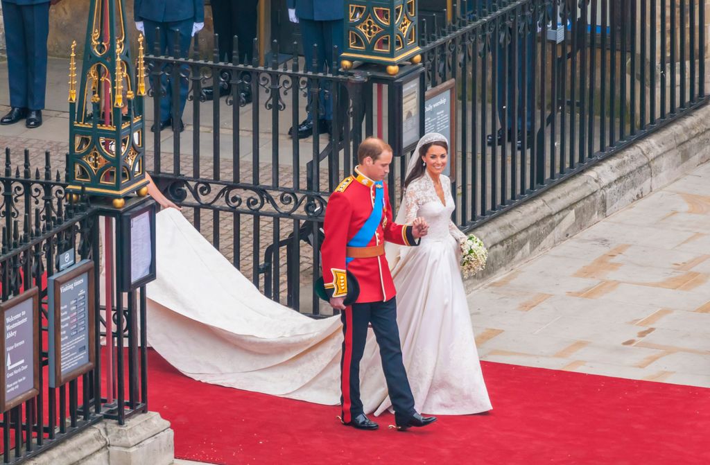 Newlywed couple HRH Prince William of Wales and his wife Catherine leaving Westminster Abbey after the Royal Wedding Ceremony