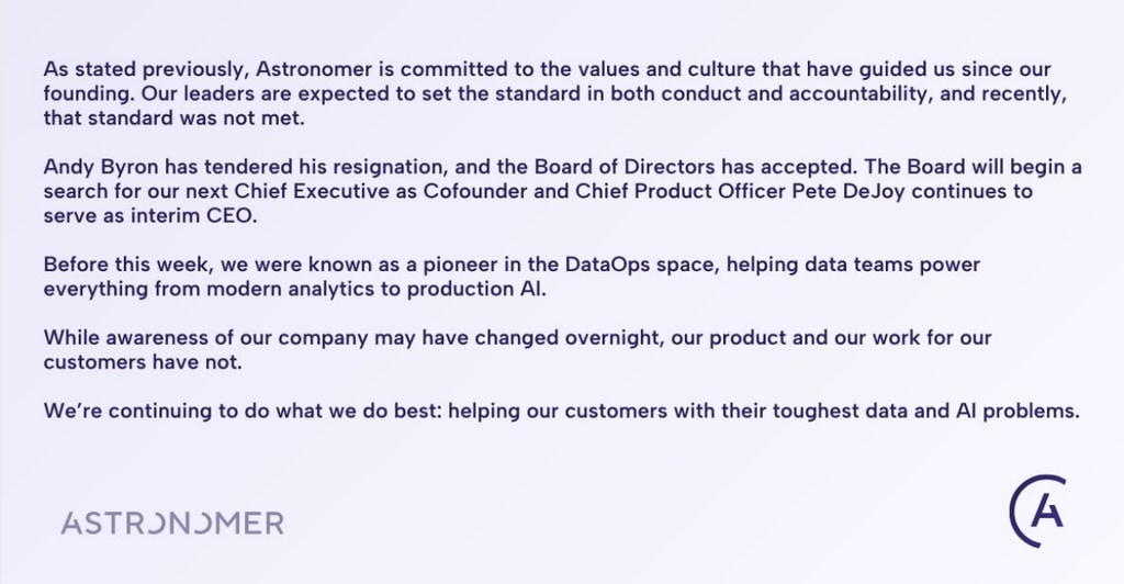 Statement from Astronomer LinkedIn announcing Andy Byron's resignation from the company