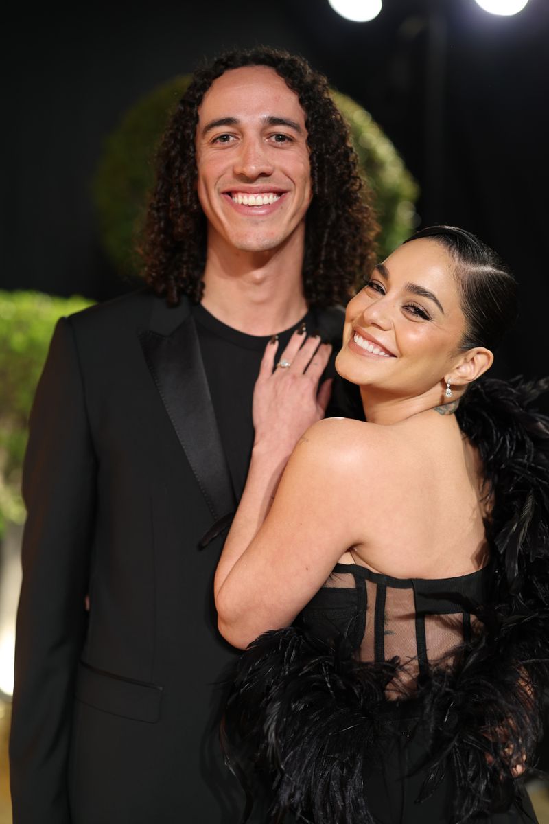 Cole Tucker and Vanessa Hudgens attend the 2025 Vanity Fair Oscar Party Hosted By Radhika Jones at Wallis Annenberg Center for the Performing Arts on March 02, 2025 in Beverly Hills, California.  =