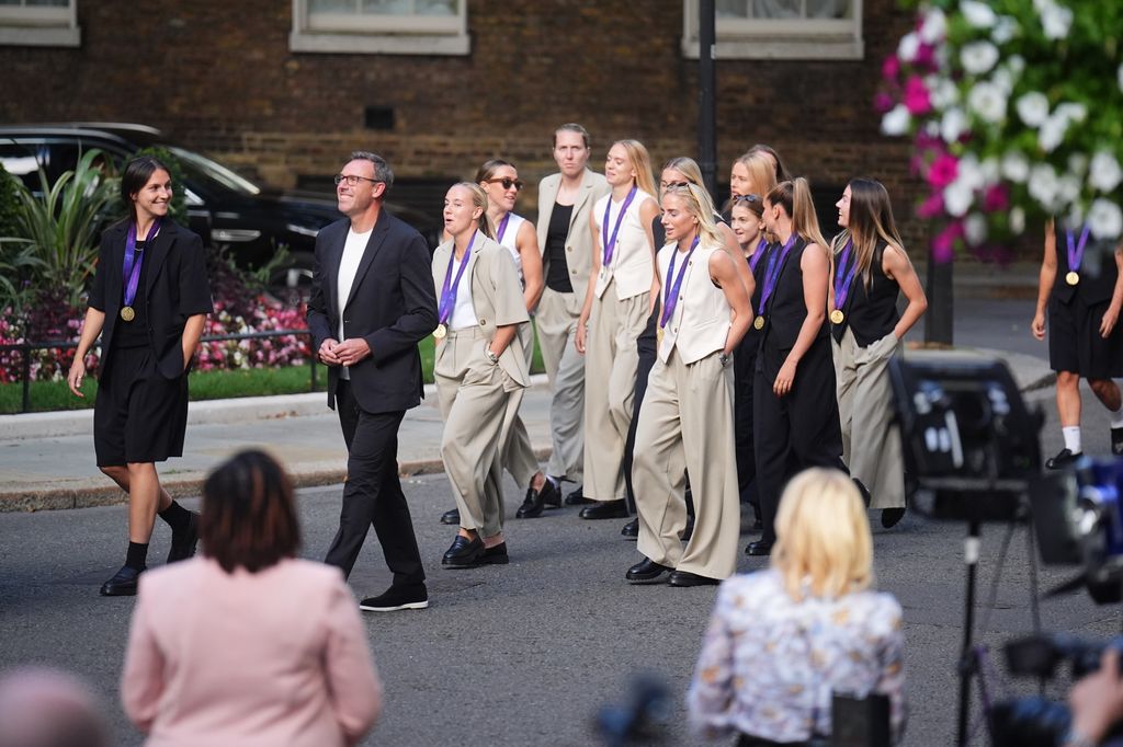 Members of the England women's football team, arrive in Downing Street, London, for a reception at No 10, hosted by Deputy Prime Minister Angela Rayner