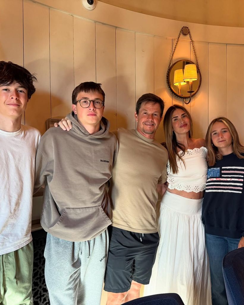 Mark Wahlberg and Rhea Durham pose with their children Brendan, Michael and Grace at Rhea's birthday party, shared on Instagram
