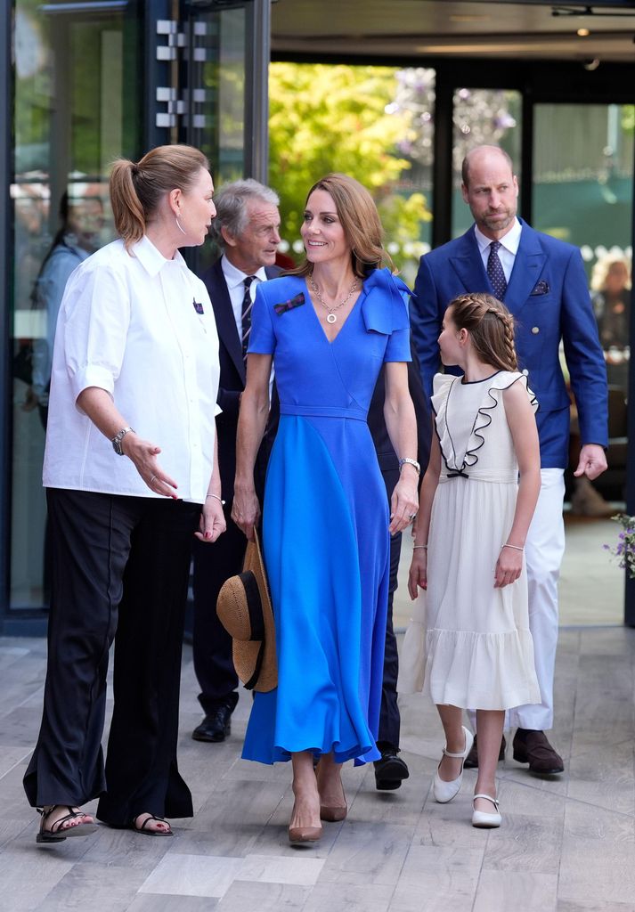 3BRJDFT The Princess of Wales (centre), Princess Charlotte (second right) and the Prince of Wales (right), arriving on day fourteen of the 2025 Wimbledon Championships