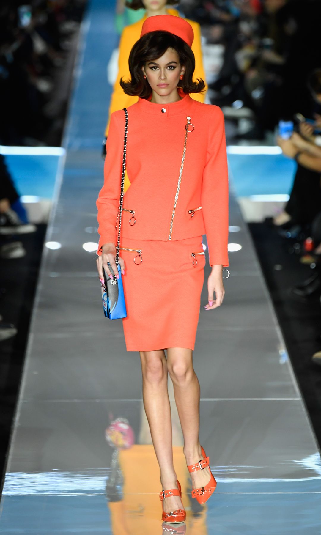 Moschino AW19 model kaia gerber in coral outfit