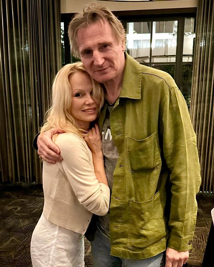 pamela anderson liam neeson hugging