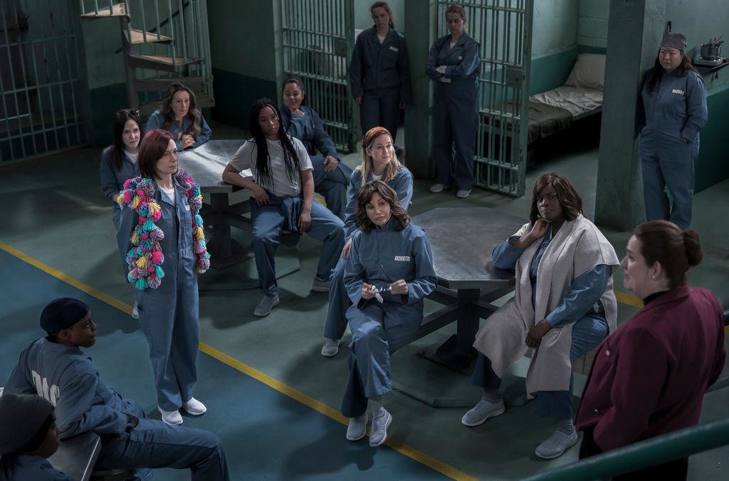 (L-R): Carrie Preston as Elsbeth Tascioni, Mary-Louise Parker as Freya Frostad, Alyssa Milano as Pupetta Del Ponte, Gina Gershon as Vanessa Holmes, Elizabeth Lail as Quinn Powers, Retta as Margo, and Donna Lynne Champlin as Mama Martin in Elsbeth