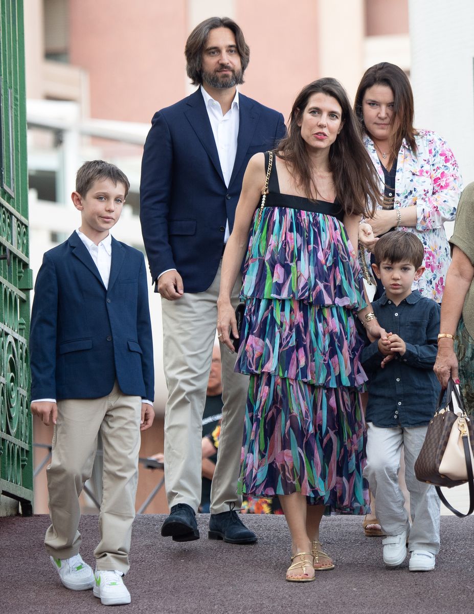 Dimitri Rassam, Charlotte Casiraghi-Rassam, Raphael Elmaleh (L) and Balthazar Casiraghi- Rassam (R) attend the traditional Monaco picnic on September 09, 2023 in Monaco, Monaco. 