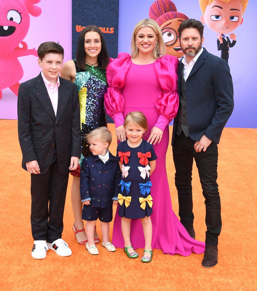 Seth Blackstock, Remington Alexander Blackstock, Savannah Blackstock, Kelly Clarkson, River Rose Blackstock, and Brandon Blackstock  arrives at the STX Films World Premiere Of "UglyDolls"  at Regal Cinemas L.A. Live on April 27, 2019 in Los Angeles, California